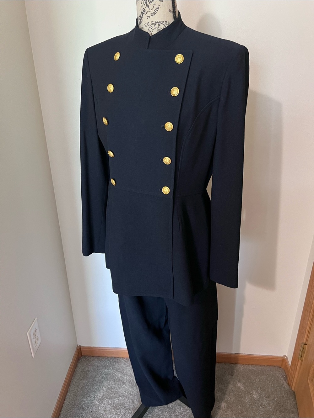 Vtg Lauren Ralph Lauren Navy Worsted Wool Pant Suit Gold Crest Buttons Size 8